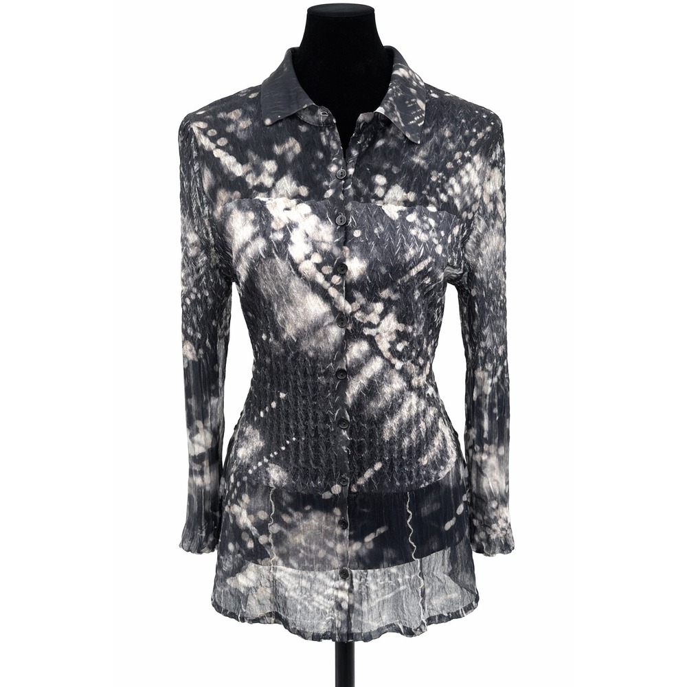 Kamarov Womens Collared Button Up‎ Semi-Sheer Boho Blouse Large Black Tie-Dye